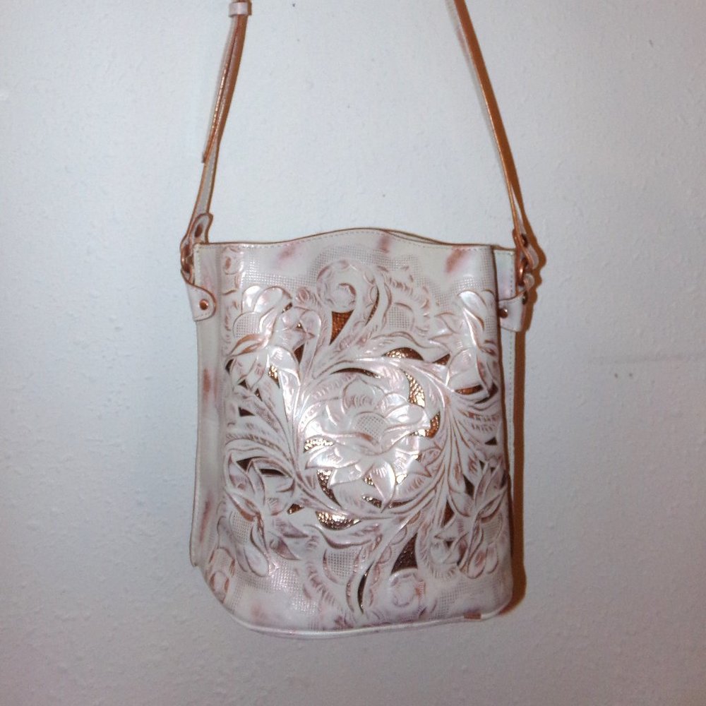PATRICIA NASH LASER CUT OUT TOOLED LEATHER BUCKET CROSSBODY BAG